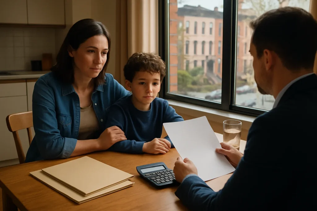 Child support calculation in a Brooklyn, NY divorce discussed at a family table