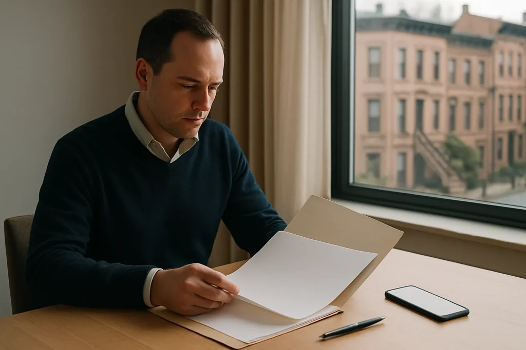 How to file for divorce in Brooklyn NY with organized documents and a Brooklyn streetscape
