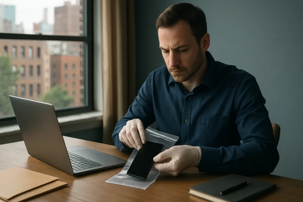 Social media evidence in a Brooklyn divorce reviewed securely on a smartphone and laptop