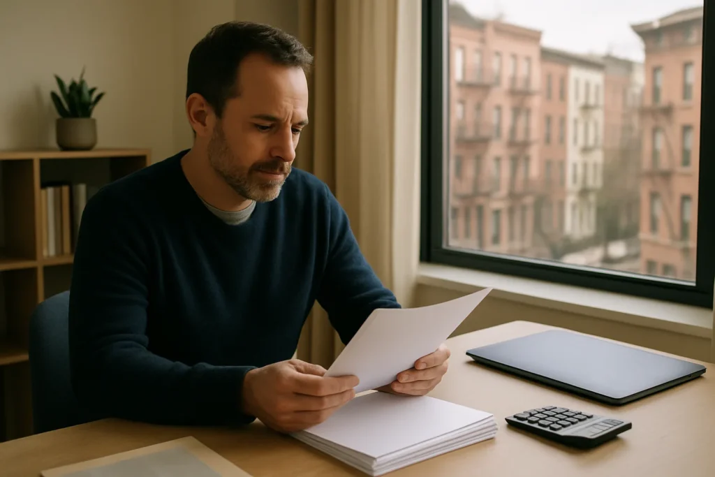 Hidden assets in divorce New York review with financial records in a Brooklyn workspace