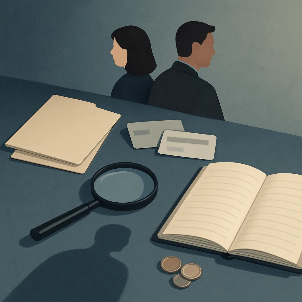 Financial records and magnifying glass representing a divorce financial investigation in Brooklyn
